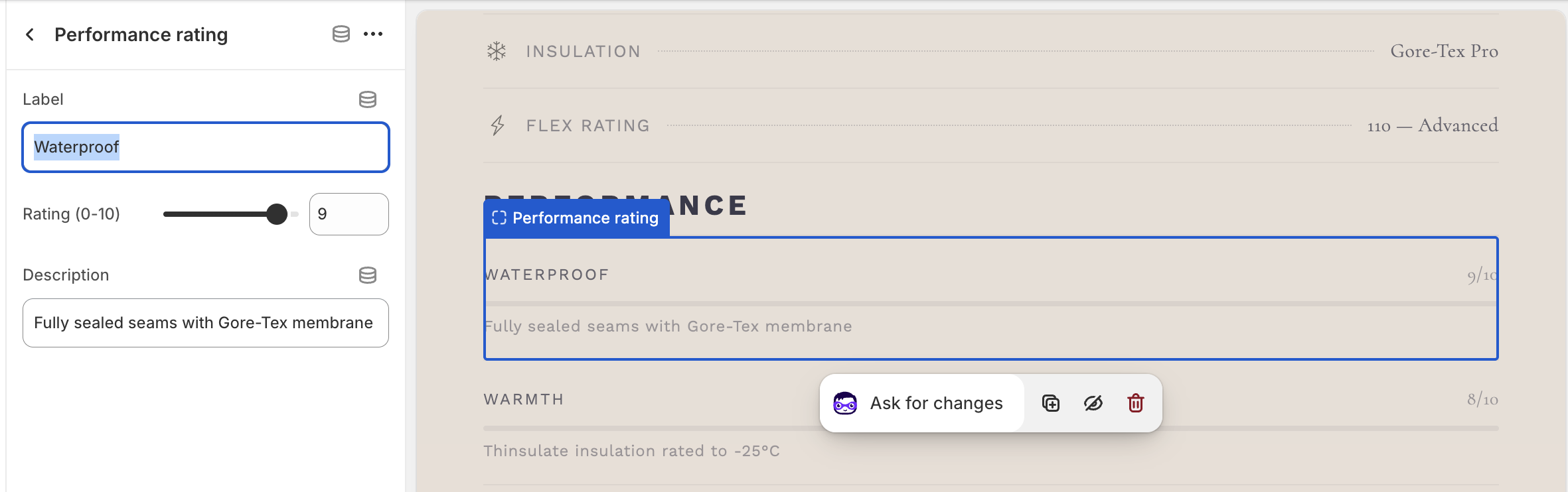 Block settings panel