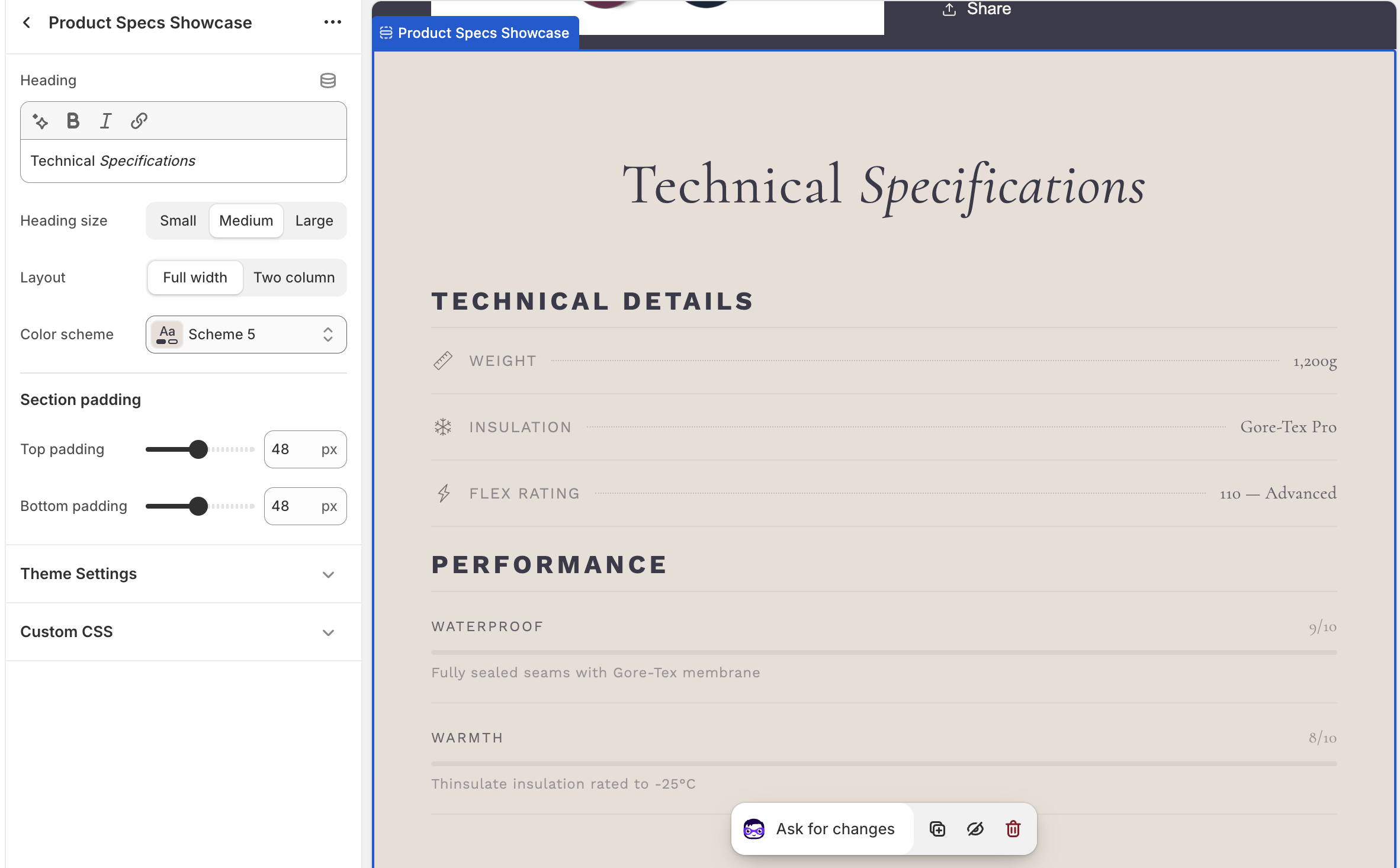 Section settings panel