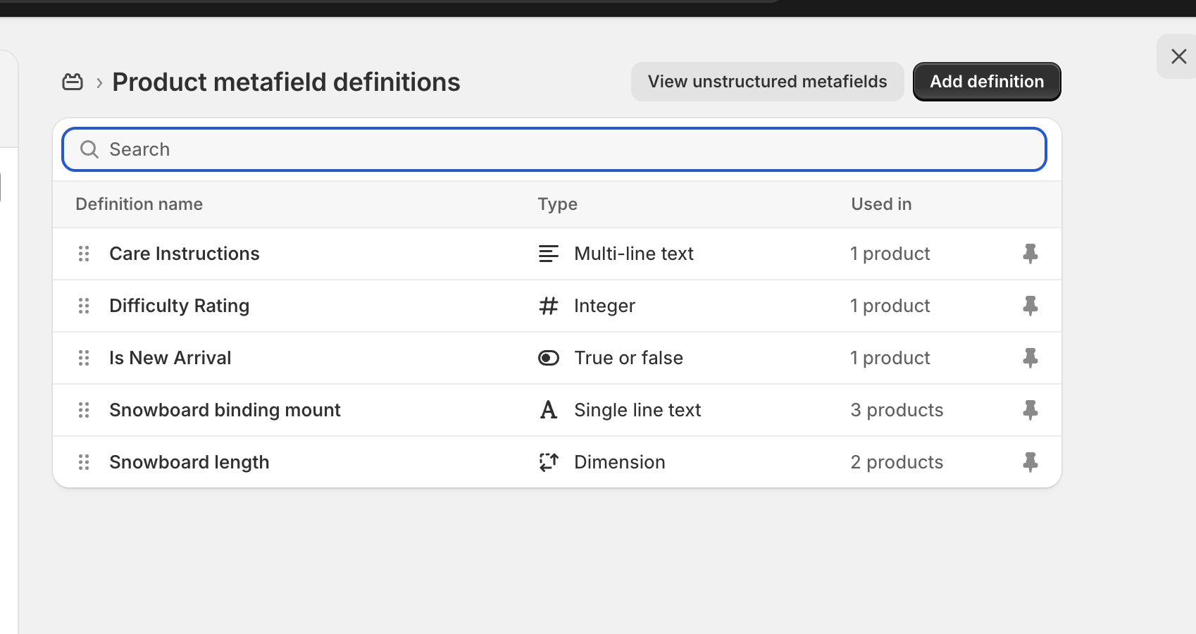 Admin metafield definitions