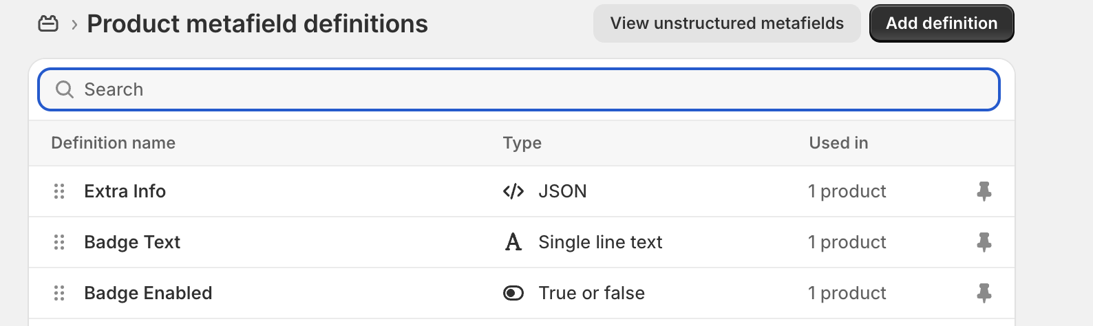 Admin metafield definitions